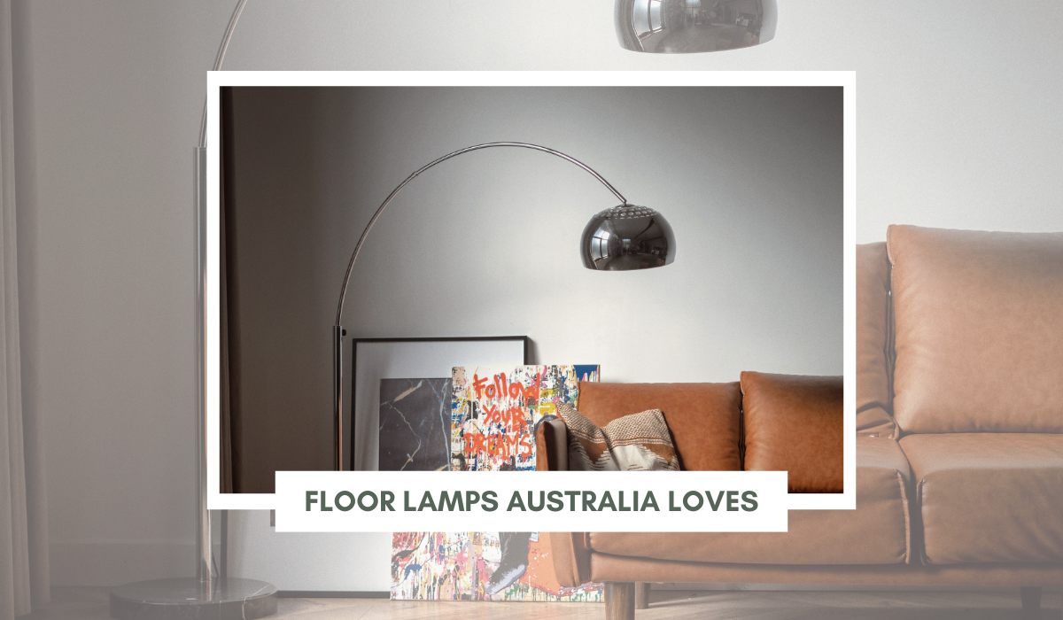 Modern arc floor lamp in an Australian-inspired cozy living space with stylish decor and warm lighting.